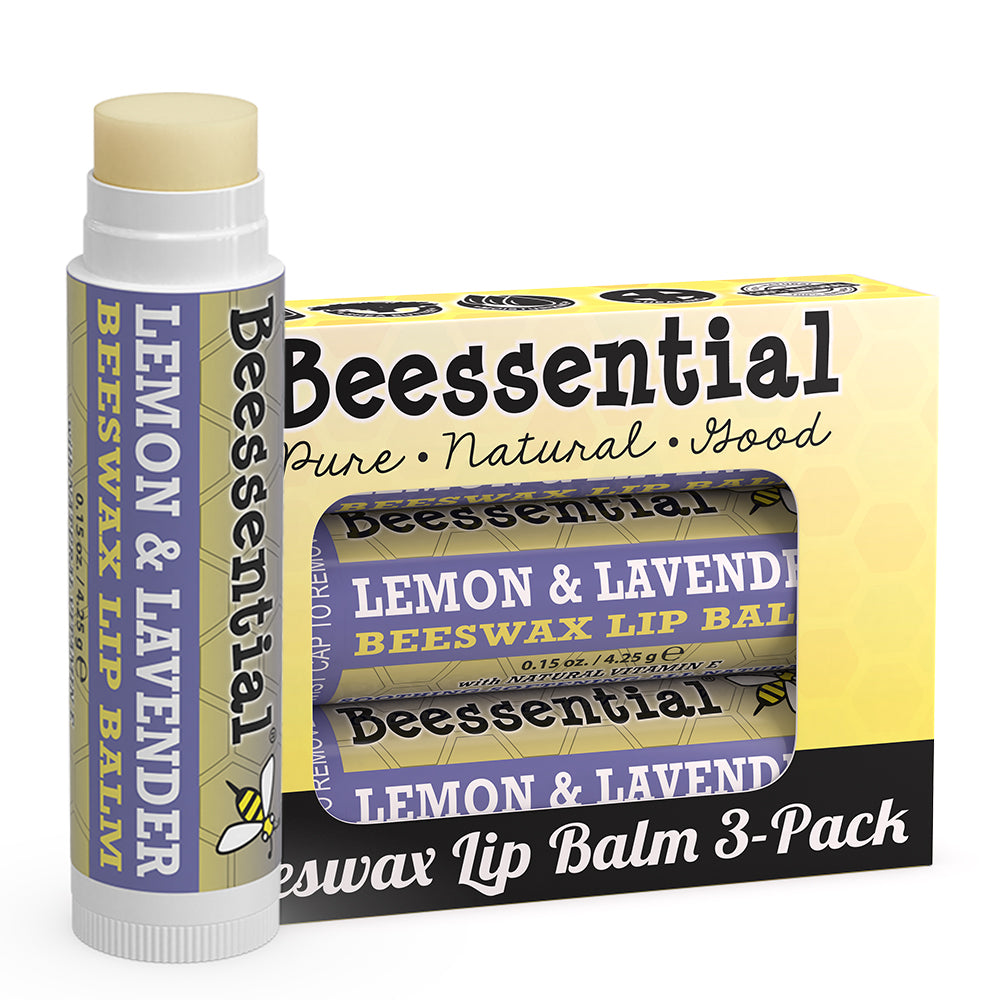 Beessential Lemon Lavender Lip Balm with purple label. Available in multi-packs and tins for convenience.