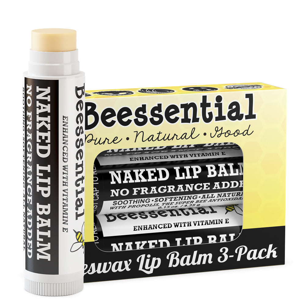 3-pack of Beessential Naked Unscented Lip Balm, ideal for sensitive lips.
