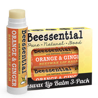 3-pack of Beessential Orange Ginger Lip Balm for long-lasting natural lip care.