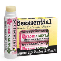 3-pack of Beessential Rose Mint Lip Balm. Natural floral and mint blend for healthy, beautiful lips.