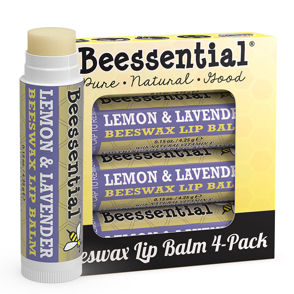 4-pack of Beessential Lemon Lavender Lip Balm. Continuous natural care with lemon and lavender essential oils.
