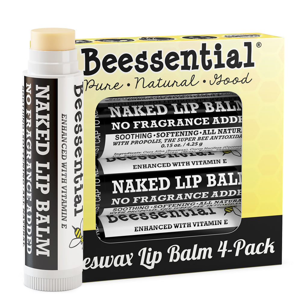 4-pack of Beessential Naked Unscented Lip Balm for fragrance-free lip care.