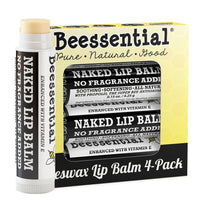 4-pack of Beessential Naked Unscented Lip Balm for fragrance-free lip care.