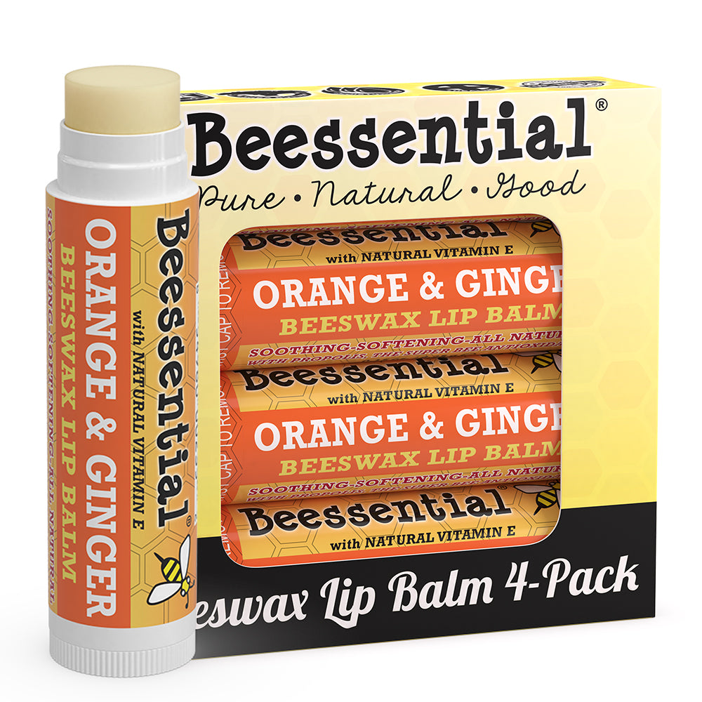 4-pack of Beessential Orange Ginger Lip Balm, providing bulk value for the family.