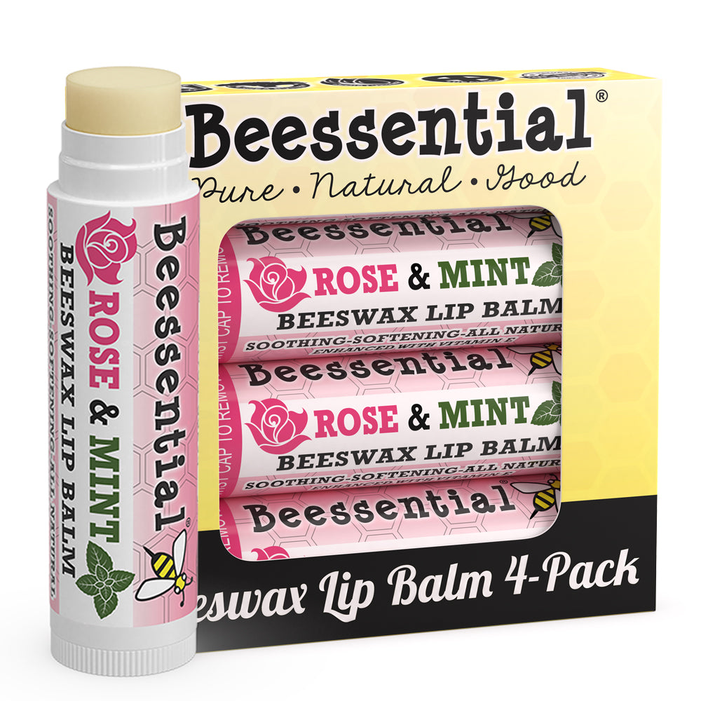 4-pack of Beessential Rose Mint Lip Balm. Bulk natural beauty care with propolis and beeswax.