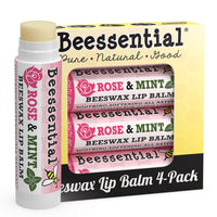 4-pack of Beessential Rose Mint Lip Balm. Bulk natural beauty care with propolis and beeswax.