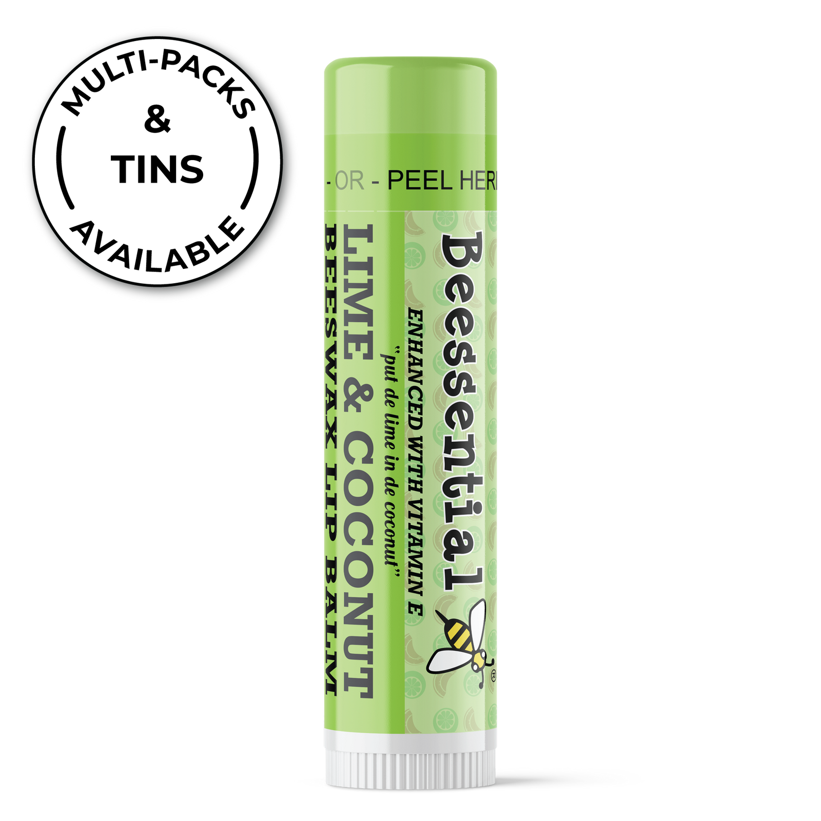 Beessential Coconut Lime Lip Balm features natural ingredients like cupuacu butter, Vitamin E, propolis extract, and beeswax for smooth, hydrated, and plump lips.