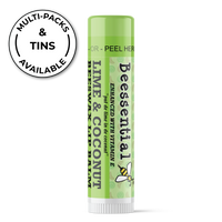 Beessential Coconut Lime Lip Balm features natural ingredients like cupuacu butter, Vitamin E, propolis extract, and beeswax for smooth, hydrated, and plump lips.