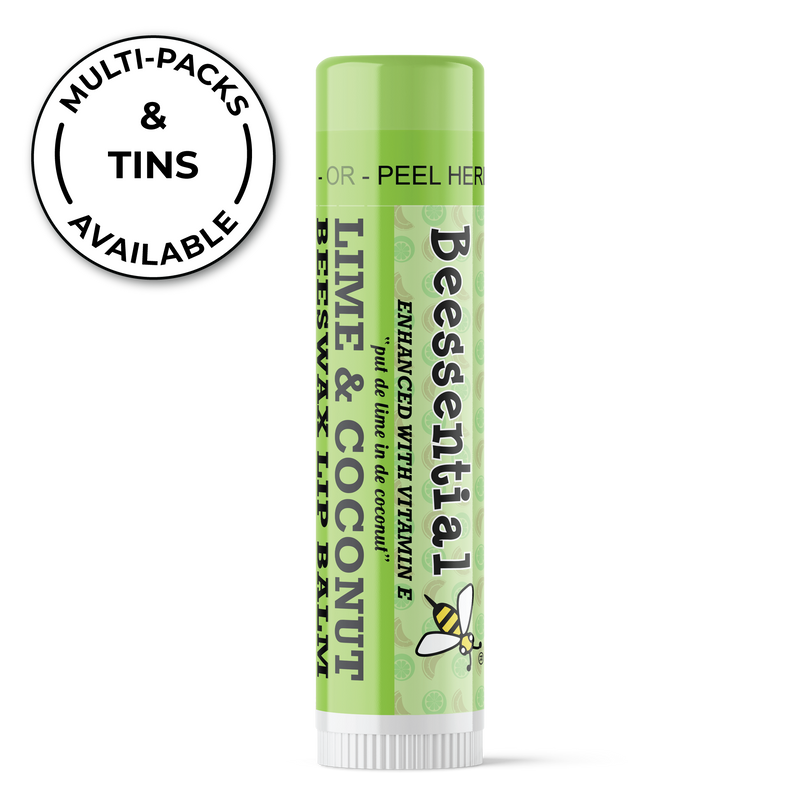 Beessential Coconut Lime Lip Balm features natural ingredients like cupuacu butter, Vitamin E, propolis extract, and beeswax for smooth, hydrated, and plump lips.