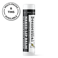 Multi-pack display of Beessential Naked Unscented Lip Balm for sensitive skin.