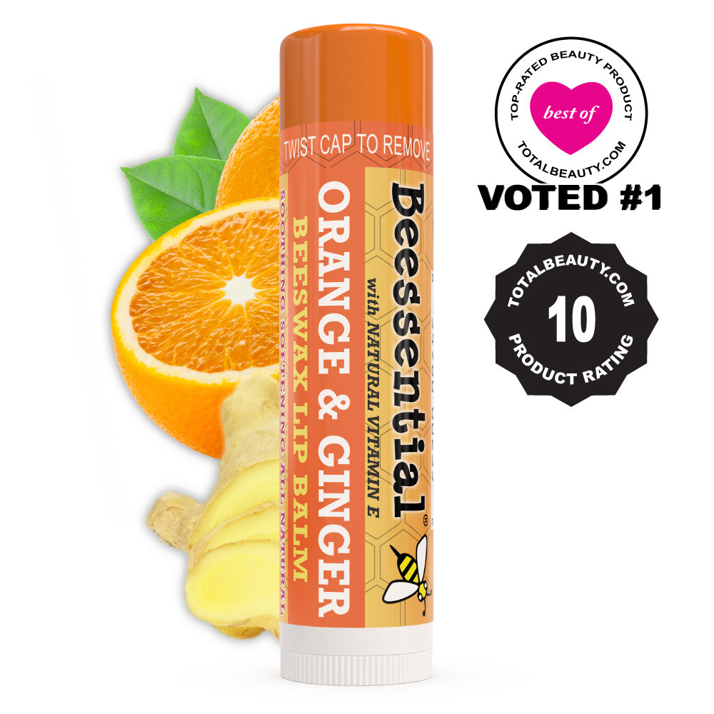 Beessential Orange Ginger Lip Balm featuring a 'Total Beauty' award seal on a clean white background.