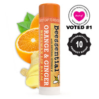 Beessential Orange Ginger Lip Balm featuring a 'Total Beauty' award seal on a clean white background.