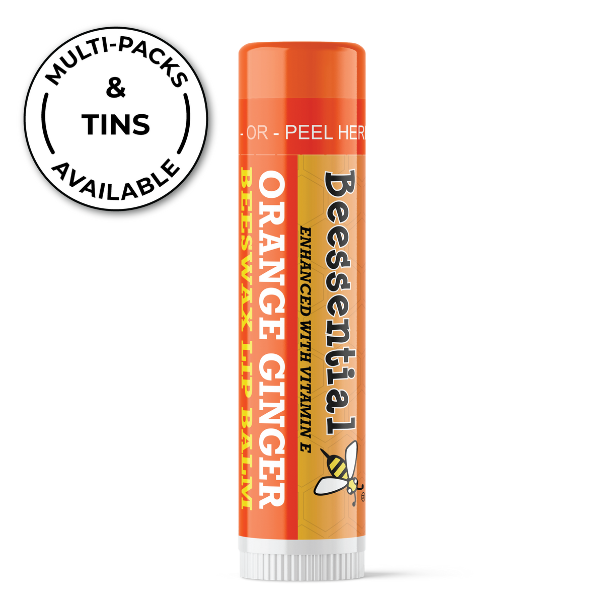 Multi-pack display of Beessential Orange Ginger Lip Balm tubes showing the vibrant orange labels.