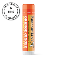 Multi-pack display of Beessential Orange Ginger Lip Balm tubes showing the vibrant orange labels.