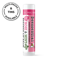 Multi-pack of Beessential Rose Mint Lip Balm tubes. Pink labeling for elegant, summer-scented lip care.