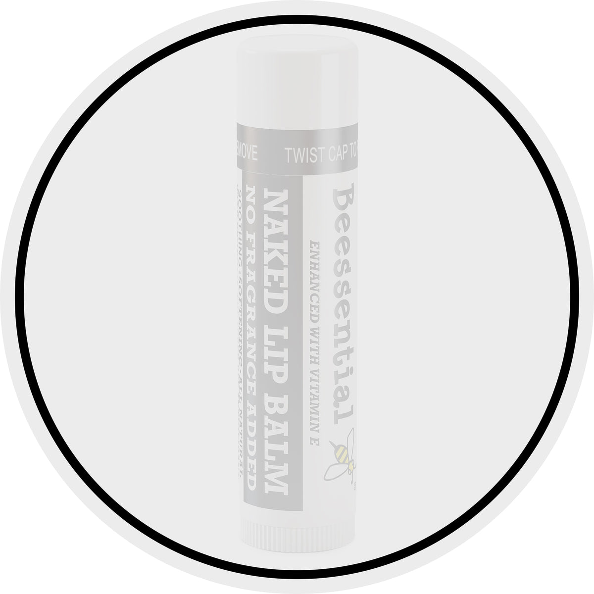 Beessential Naked Unscented Lip Balm tube with a clean circular graphic.