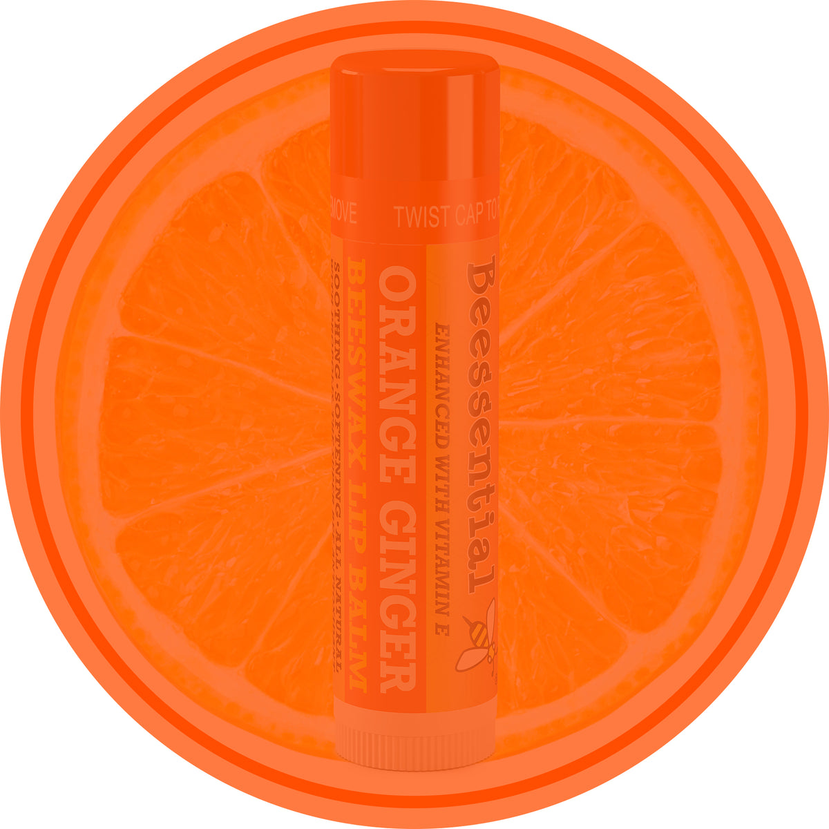 Beessential Orange Ginger Lip Balm tube with a circular graphic highlighting its natural orange ingredients.
