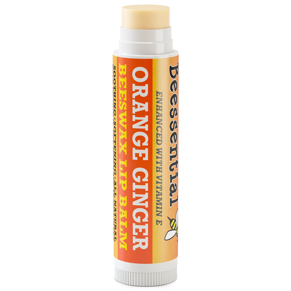 An open tube of Beessential Orange Ginger Lip Balm showing the smooth, natural beeswax texture.