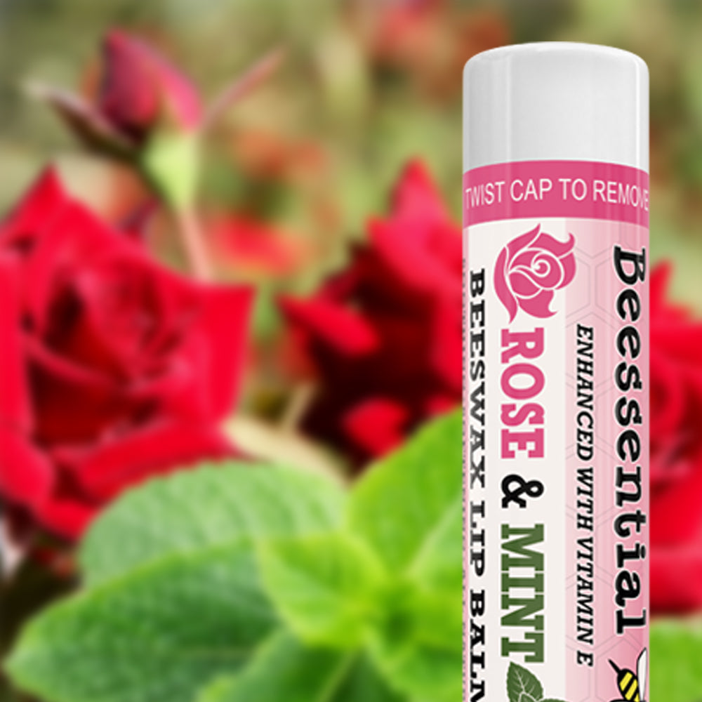 Fresh rose petals representing the natural essence of Beessential Rose Mint Lip Balm. Infused with vitamin E.
