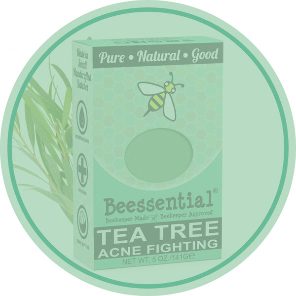 Beessential Tea Tree Oil Bar Soap – natural handcrafted soap bar with Tea Tree, Coconut, and Olive Oils, shown in eco-friendly packaging.