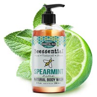8 oz bottle of Spearmint Lime Body Wash infused with fresh lime and mint essential oils.