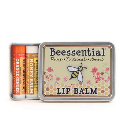Reusable Beessential gift tin containing five handcrafted natural lip balms.