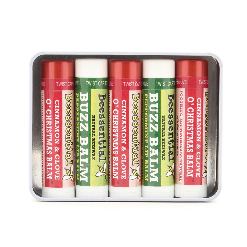 HappBee Holidays Lip Balm Tin – Customizable 5-Pack Natural Gift Set, handmade with natural ingredients by Beessential