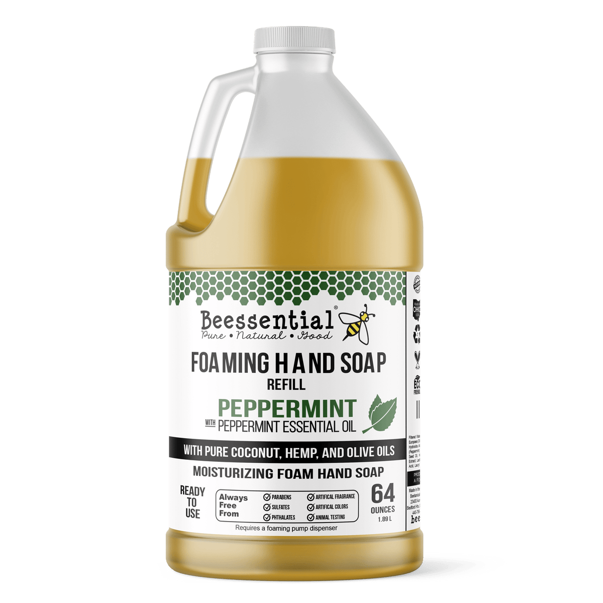 Natural peppermint foaming hand soap made with honey by Beessential.