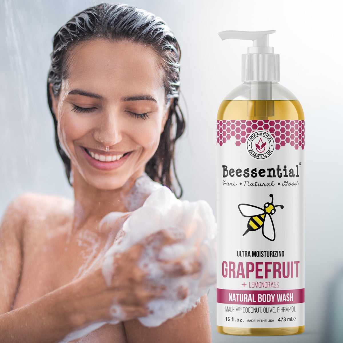 Beessential Grapefruit Body Wash – Energizing citrus cleanse with honey, aloe, and coconut oil for soft, nourished skin.